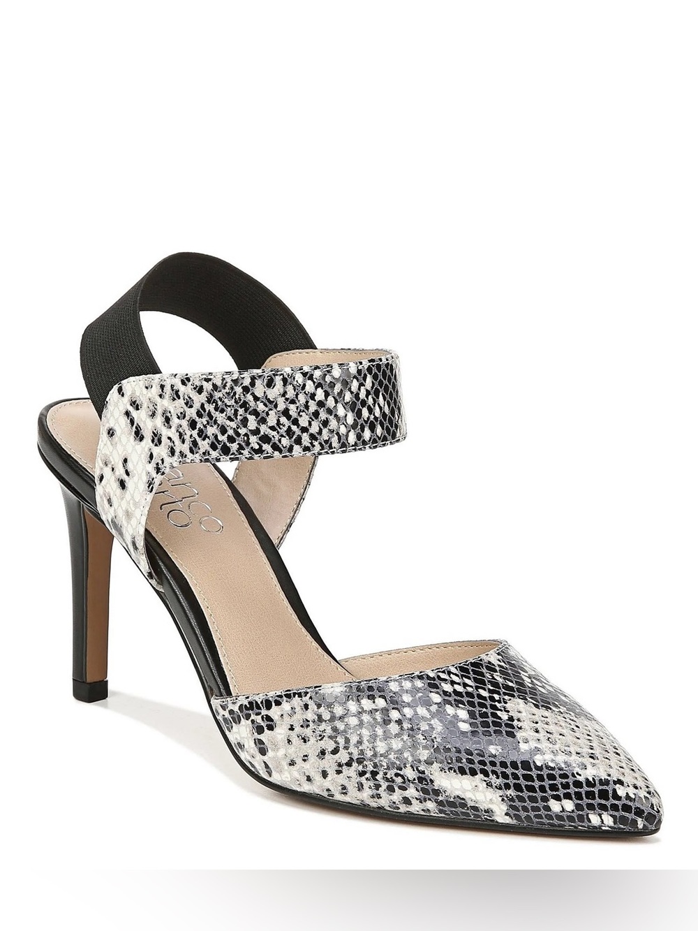 Franco Sarto Snake-Embossed Pointed Toe Heel Sandals - Black/White